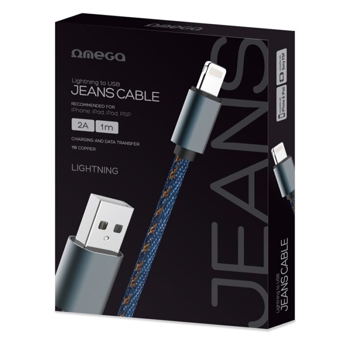 OMEGA JEANS LIGHTNING TO USB 2A 118 COPPER 1M BLUE [44202]