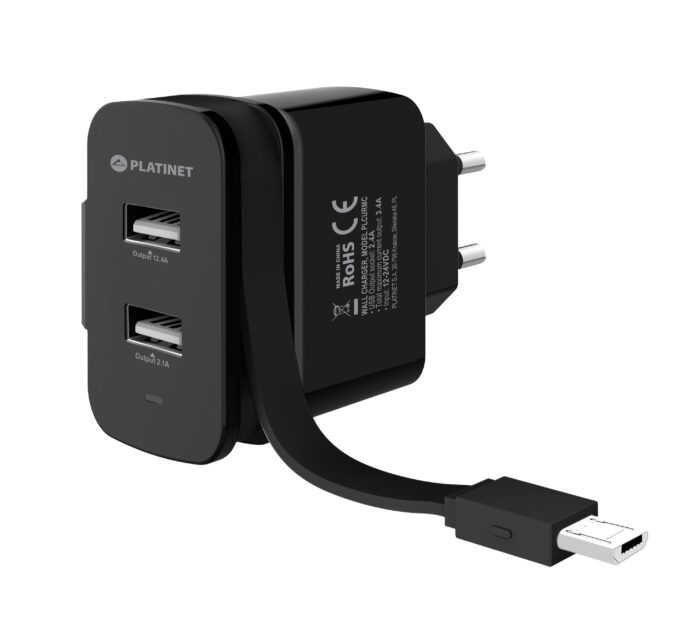 PLATINET WALL CHARGER 2xUSB + ROLLING CABLE Micro USB 3.4A [44653]